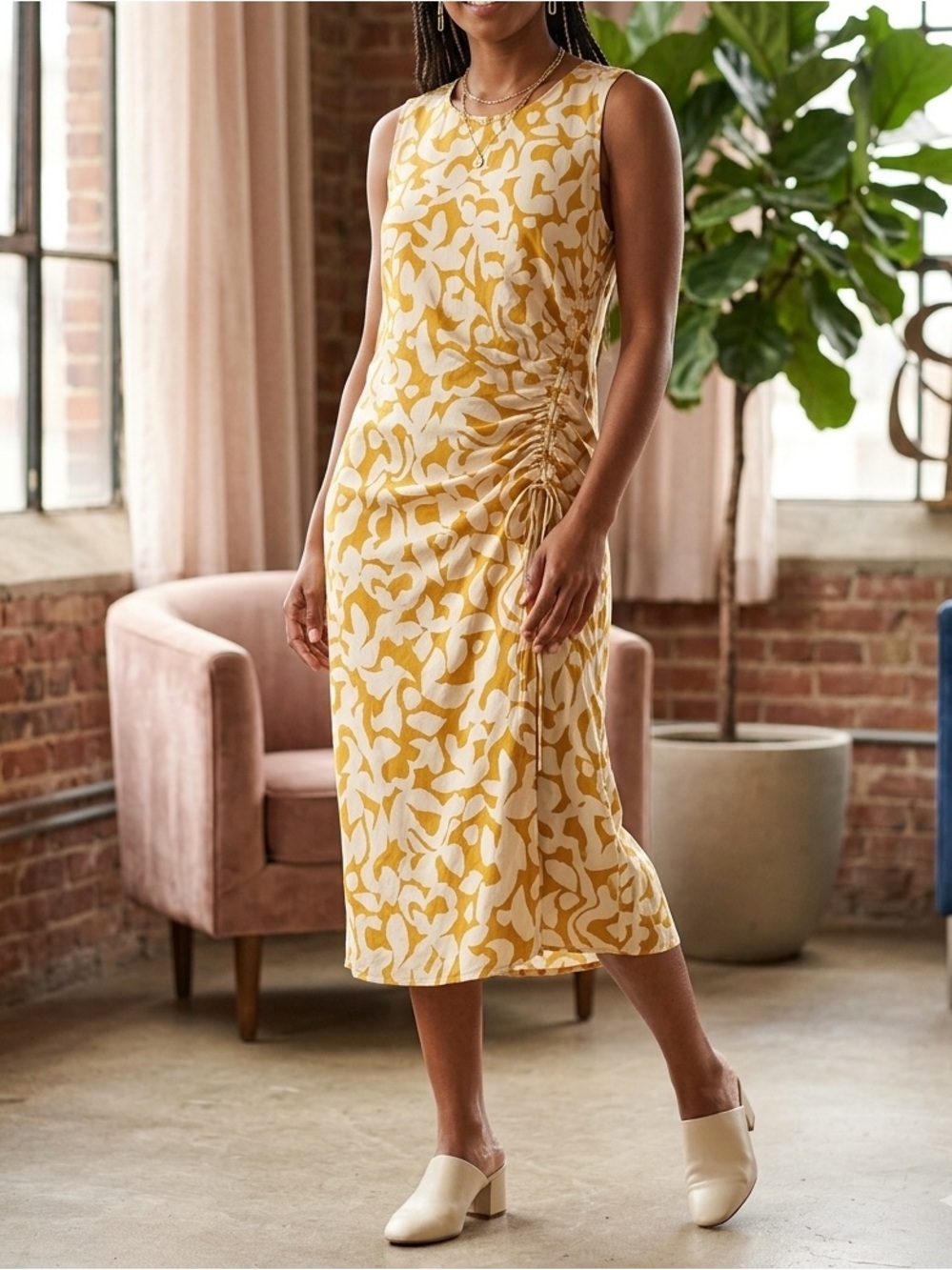 🔥$10 FINAL PRICE🔥 Terra & Sky Mustard Yellow Floral Ruched Drawstring MidiDress🧡